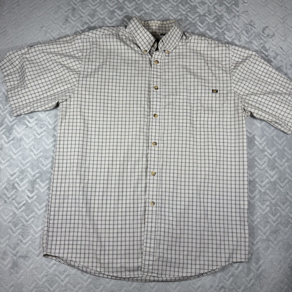 Caterpillar Plaid Shirt Mens Med Blue Button Relaxed Fit Short Sleeve Workwear